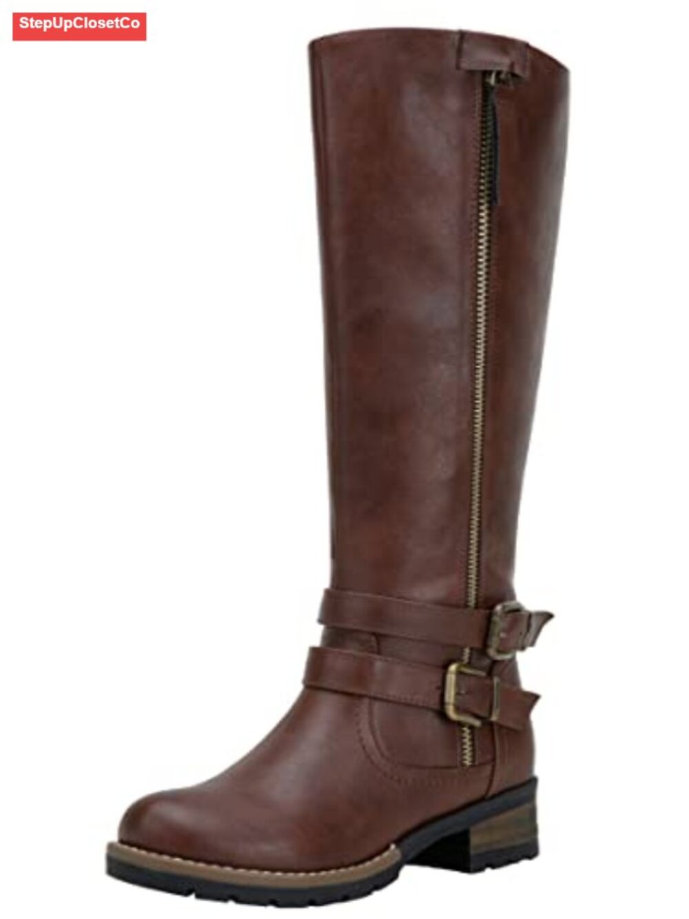Knee High Riding Boots Faux Leather Block Heel Buckle Zip Tall